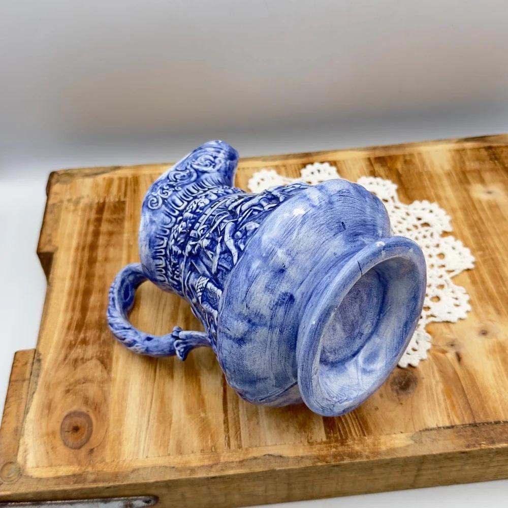 Vintage Blue and White Ceramic Relief Pitcher Tavern Scene Farmhouse Decor